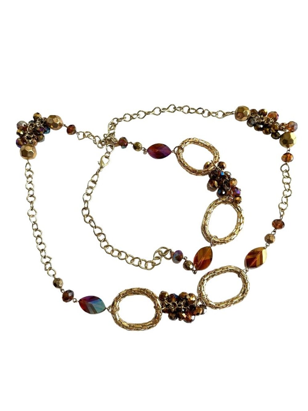 Extra Long 44" Bright Gold Tone and Amber Necklace A/B Glass Beads